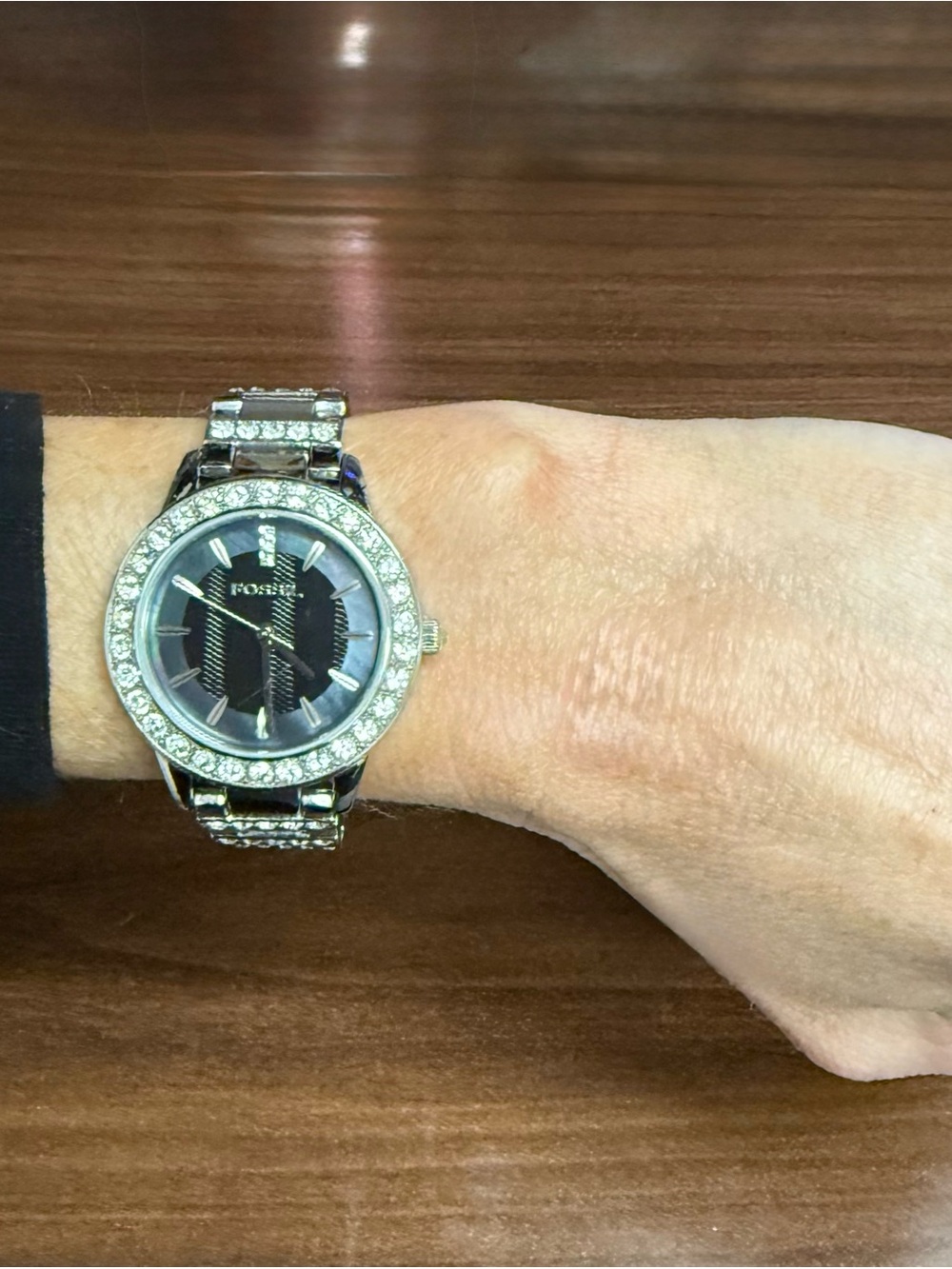 Fossil Silver Watch with Black Dial and Crystal Accents